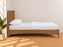 Load image into Gallery viewer, Meryll Queen-Size Bed in Toasted Camel vegan leather with Brown Walnut frame and Art Deco headboard
