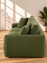 Load image into Gallery viewer, Image 4 of 5: Mikkel 3-Piece sectional sofa in Olive Grove textured fabric with curved arms, loose back cushions, and low black feet
