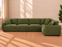 Load image into Gallery viewer, Image 3 of 4: Mikkel 5-Piece modular sectional sofa in Olive Grove green textured fabric with curved arms and loose back cushions
