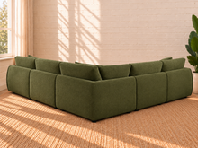 Load image into Gallery viewer, Image 4 of 4: Mikkel 5-Piece modular sectional sofa in Olive Grove green textured fabric with curved arms and loose back cushions
