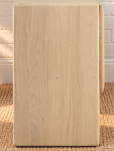 Load image into Gallery viewer, Miles natural light wood credenza in mindi and bayor wood with four rounded cabinet fronts, subtle wood grain, and waterfall-style sides.

