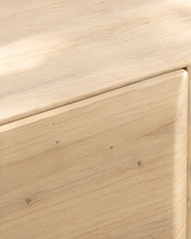 Load image into Gallery viewer, Miles natural light wood credenza in mindi and bayor wood with four rounded cabinet fronts, subtle wood grain, and waterfall-style sides.

