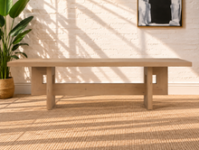 Load image into Gallery viewer, Millie rectangular natural oak dining table with geometric trestle base, central stretcher, and white oak veneer finish.

