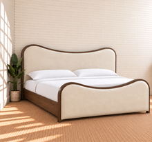 Load image into Gallery viewer, Miranda queen-size bed in Ivory Leather with Brown Walnut solid wood frame and curved headboard and footboard
