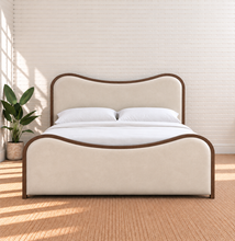 Load image into Gallery viewer, Miranda queen-size bed in Ivory Leather with Brown Walnut solid wood frame and curved headboard and footboard
