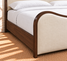 Load image into Gallery viewer, Miranda queen-size bed in Ivory Leather with Brown Walnut solid wood frame and curved headboard and footboard
