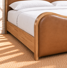 Load image into Gallery viewer, Miranda king-size natural wood bed in Toasted Caramel leather with sculptural curved headboard and footboard
