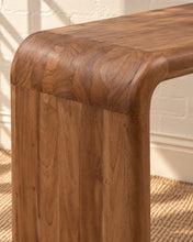 Load image into Gallery viewer, Molly minimalist desk table in natural brown mindi wood with rounded waterfall edges and a clean sculptural silhouette.

