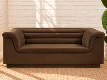 Load image into Gallery viewer, Image 1 of 4: Monica upholstered loveseat in Espresso velvet with deep channel tufting and curved arms
