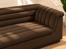 Load image into Gallery viewer, Image 4 of 4: Monica upholstered loveseat in Espresso velvet with deep channel tufting and curved arms
