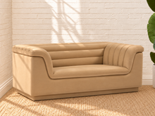 Load image into Gallery viewer, Image 2 of 4: Monica upholstered loveseat in Honey Beige velvet with deep channel tufting and curved arms

