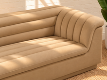 Load image into Gallery viewer, Image 4 of 4: Monica upholstered loveseat in Honey Beige velvet with deep channel tufting and curved arms
