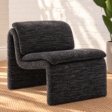 Load image into Gallery viewer, Monroe graphite bouclé lounge chair with armless curved frame and padded seat and back cushions
