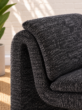 Load image into Gallery viewer, Monroe graphite bouclé lounge chair with armless curved frame and padded seat and back cushions
