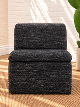 Load image into Gallery viewer, Monroe graphite bouclé lounge chair with armless curved frame and padded seat and back cushions
