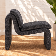 Load image into Gallery viewer, Monroe graphite bouclé lounge chair with armless curved frame and padded seat and back cushions

