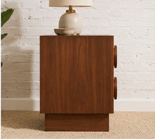 Load image into Gallery viewer, Moonlight Double Drawer Nightstand in rich walnut finish with two oversized round wood pulls
