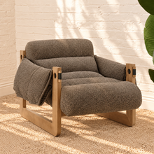 Load image into Gallery viewer, Morgan mocha textured bouclé sling lounge chair with overstuffed cushions and exposed rubberwood frame
