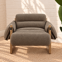 Load image into Gallery viewer, Morgan mocha textured bouclé sling lounge chair with overstuffed cushions and exposed rubberwood frame
