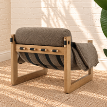 Load image into Gallery viewer, Morgan mocha textured bouclé sling lounge chair with overstuffed cushions and exposed rubberwood frame
