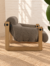 Load image into Gallery viewer, Morgan mocha textured bouclé sling lounge chair with overstuffed cushions and exposed rubberwood frame
