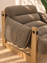 Load image into Gallery viewer, Morgan mocha textured bouclé sling lounge chair with overstuffed cushions and exposed rubberwood frame
