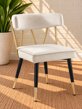 Load image into Gallery viewer, Morse dining chair in Pearl Cream velvet with matte black metal legs and gold frame and leg tip details
