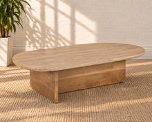 Load image into Gallery viewer, Myan freeform coffee table with beige travertine stone top and solid mango wood architectural base.
