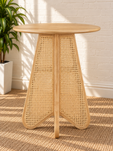 Load image into Gallery viewer, Nabi bar-height table in Blonde Oak with round wood top and sculptural natural cane-inset pedestal base.
