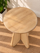 Load image into Gallery viewer, Nabi bar-height table in Blonde Oak with round wood top and sculptural natural cane-inset pedestal base.
