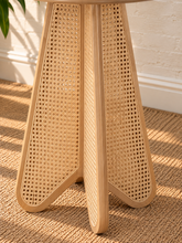 Load image into Gallery viewer, Nabi bar-height table in Blonde Oak with round wood top and sculptural natural cane-inset pedestal base.
