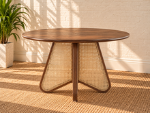 Load image into Gallery viewer, Nabi round dining table in Natural Brown with walnut finish and sculptural natural cane-inset pedestal base.
