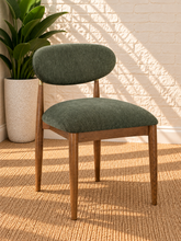 Load image into Gallery viewer, Nancy dining chair upholstered in Vintage Olive performance fabric with Brown Walnut Ash Wood frame and brushed brass accents

