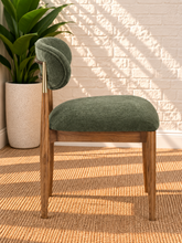 Load image into Gallery viewer, Nancy dining chair upholstered in Vintage Olive performance fabric with Brown Walnut Ash Wood frame and brushed brass accents
