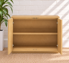 Load image into Gallery viewer, Naomi natural ash wood bar cabinet with two woven geometric-panel doors and recessed plinth base
