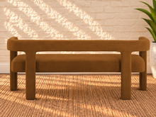 Load image into Gallery viewer, Navarro dining bench in Toasted Cognac velvet with sculptural open-back frame and upholstered seat
