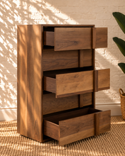 Load image into Gallery viewer, Nixon five-drawer dresser in warm walnut veneer with natural wood grain and integrated vertical wood pulls.
