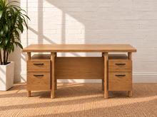 Load image into Gallery viewer, Image 1 of 5: Norton 69-inch double pedestal desk in Natural with four drawers, matte black pulls, open shelf, and wood construction
