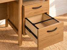 Load image into Gallery viewer, Image 5 of 5: Norton 69-inch double pedestal desk in Natural with four drawers, matte black pulls, open shelf, and wood construction
