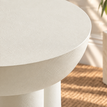 Load image into Gallery viewer, Odette ivory round side table with textured finish and sculptural trefoil pedestal base
