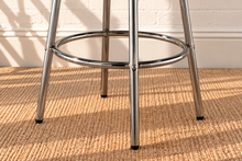 Load image into Gallery viewer, Image 5 of 5: Ortega Retro Bar Table with Black round laminate top, layered Chrome apron, flared legs, and circular support rings
