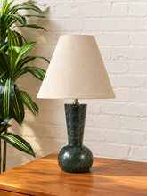 Load image into Gallery viewer, Image 1 of 5: Oryn table lamp with Midnight Verde green marble base, Natural Flax linen shade, and brass detail
