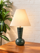 Load image into Gallery viewer, Image 2 of 5: Oryn table lamp with Midnight Verde green marble base, Natural Flax linen shade, and brass detail

