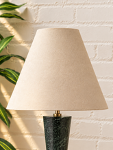 Load image into Gallery viewer, Image 3 of 5: Oryn table lamp with Midnight Verde green marble base, Natural Flax linen shade, and brass detail
