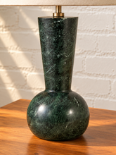 Load image into Gallery viewer, Image 4 of 5: Oryn table lamp with Midnight Verde green marble base, Natural Flax linen shade, and brass detail
