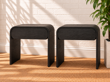 Load image into Gallery viewer, Pair of Blaise Charcoal nightstands in solid black oak with curved designs and integrated drawers.
