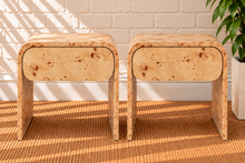 Load image into Gallery viewer, Pair of Blaise Natural Burl nightstands with rounded drawers, curved silhouettes, and richly figured burl wood grain.
