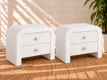 Load image into Gallery viewer, Pair of Blanca 2-drawer ash wood nightstands in Arctic White with curved frames and fluted drawer fronts.

