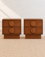 Load image into Gallery viewer, Pair of Moonlight Double Drawer Nightstands in rich walnut finish with oversized circular wood pulls
