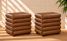 Load image into Gallery viewer, Pair of Sylvan fluted nightstands with drawers in natural brown walnut finish and thick rounded design.

